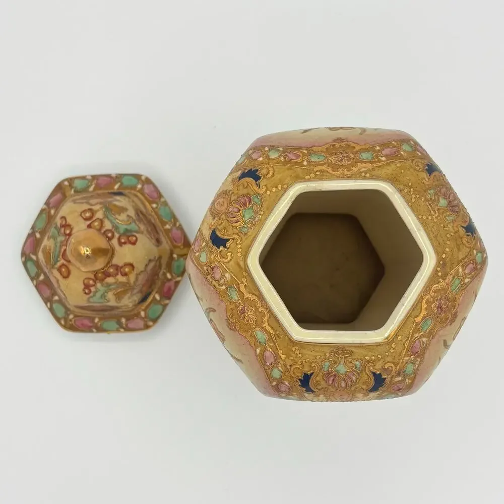 Vintage Satsuma Style Hexagonal Ginger Jar Lid Temple Urn Moriage Gold Floral